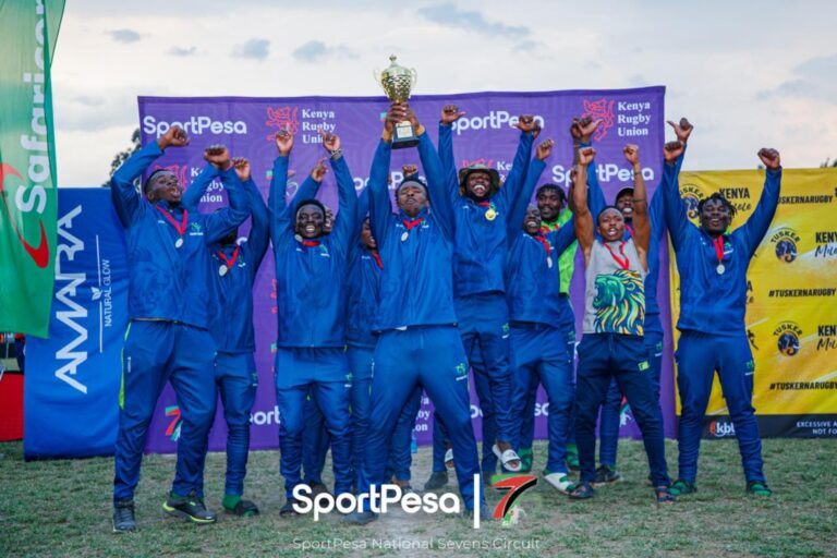 KCB Rugby Club celebrate after defeating Kabras Sugar 19-12 to win the Prinsloo 7s title in Nakuru.